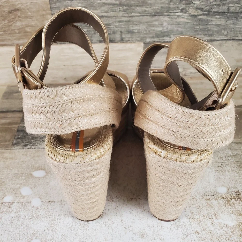 Sam Edelman Vada Women Espadrille Sandal Sz 9.5 Gold Leaf Ankle Strap Wedge Heel